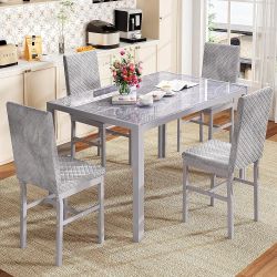 5-Piece Dinning Room Table Set, Glass Kitchen Table with 4 Velvet Chairs, Dining Kitchen Table Chairs Set of 4, for Kitchen Dining Room Breakfast Nook