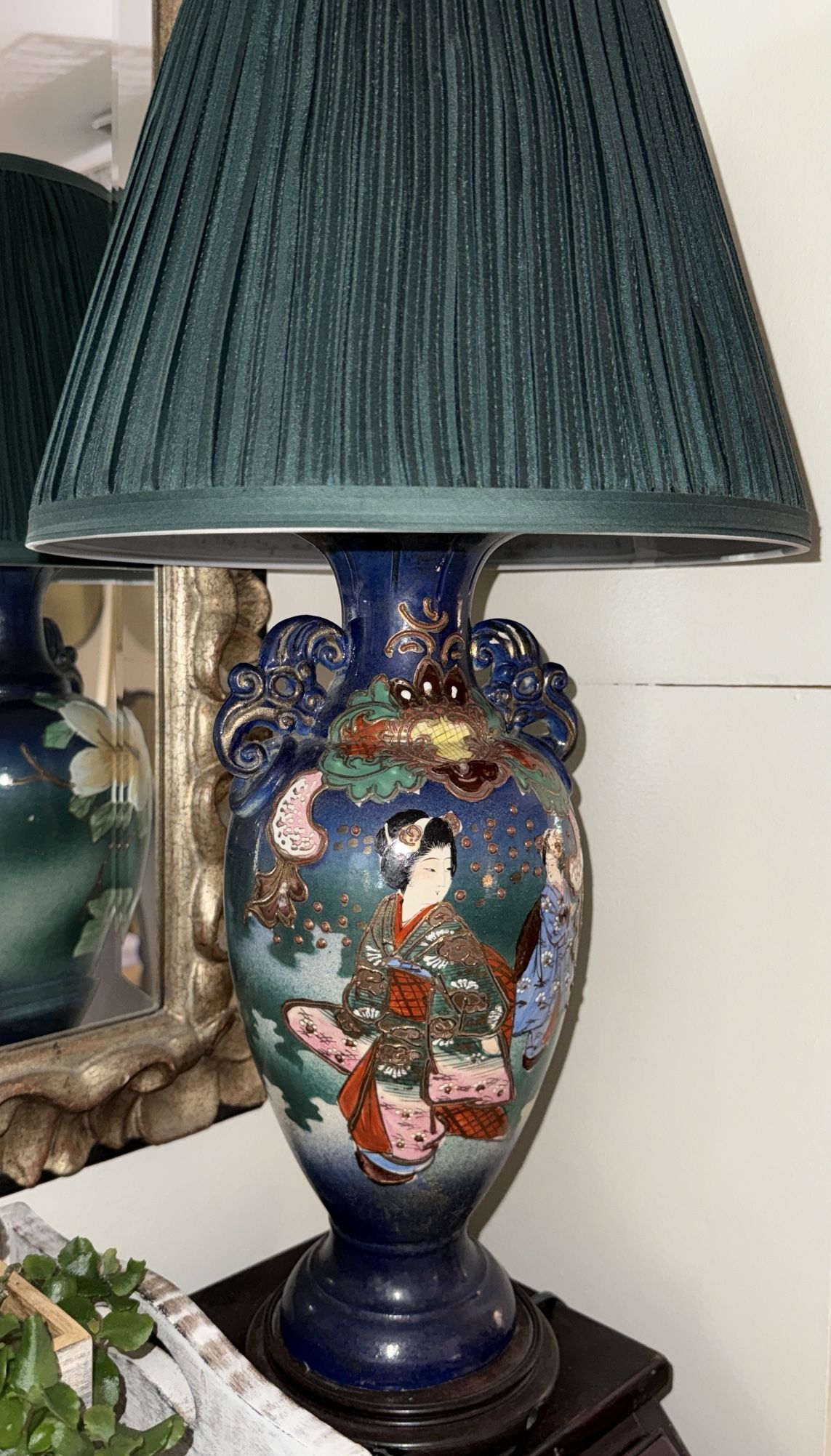 Vintage Japanese Satsuma Style Porcelain Lamp - Hand-Painted Geisha & Floral Relief Design
