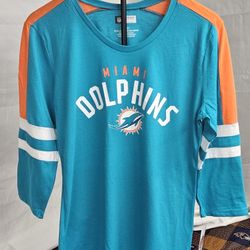 Women's NFL Aqua Miami Dolphins First Team Arch Logo 3/4 Sleeve T-Shirt Size Large