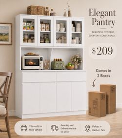 White Kitchen Pantry Storage Cabinet with Glass Doors