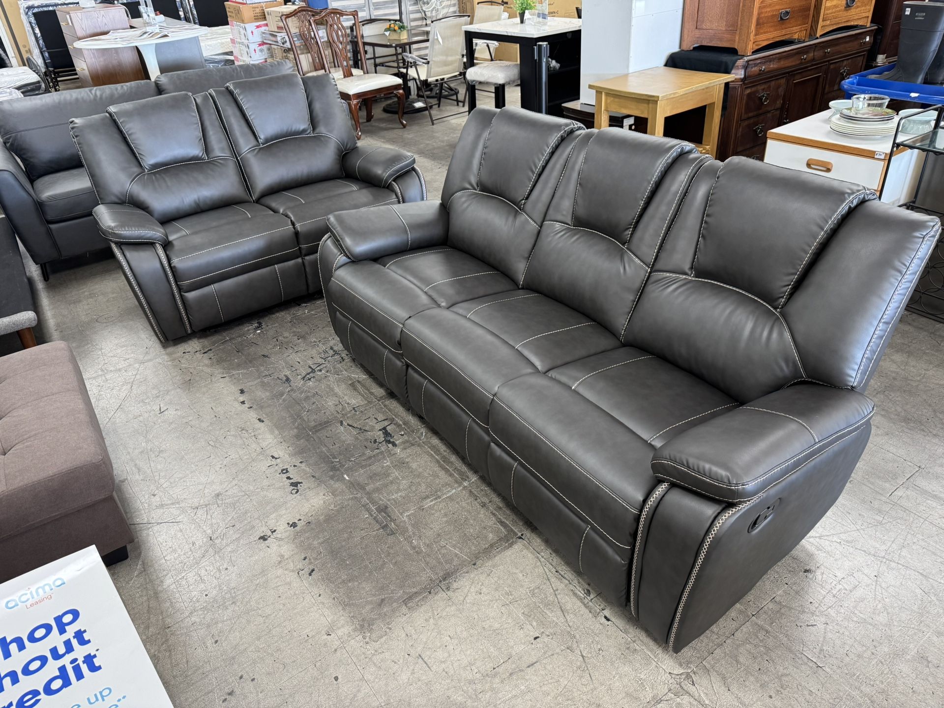 BRAND NEW 2pc Living Room Set, Reclining Sofa + Loveseat, Breathable Air Leather Dark Gray 