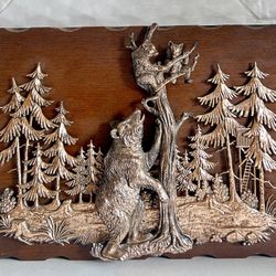 Vintage Wood And Copper 3D Bear-Themed Wall Plaque 