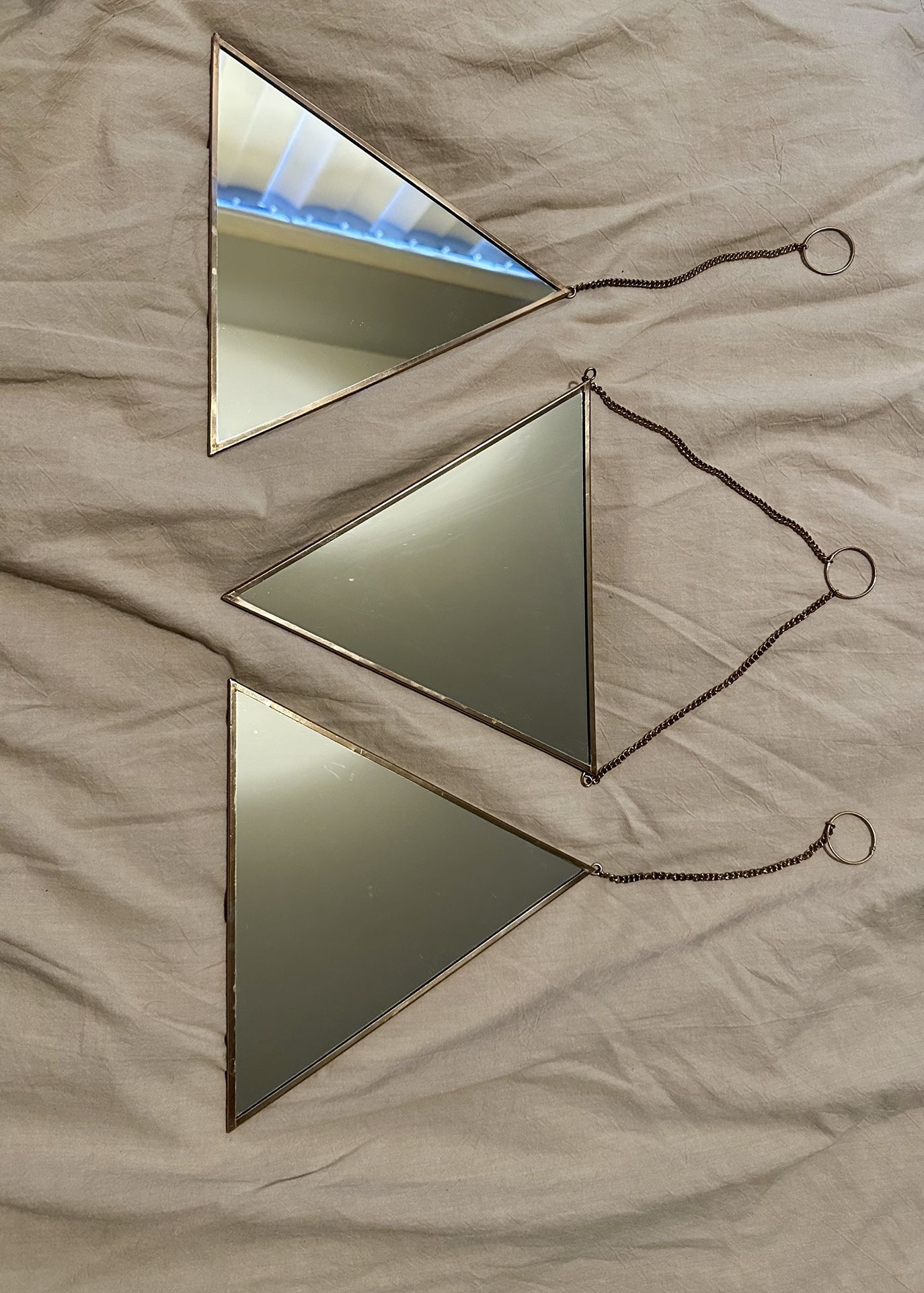 Three Triangle hanging brass Mirrors