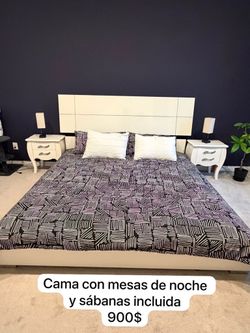 Bedframe, mattress, and nightstand