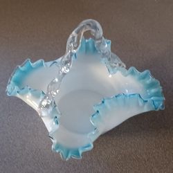 Vintage Large Fenton Aqua Blue Crest Ruffled Edge Milk Glass Brides Basket w/applied clear handle.