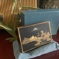 Vintage Damascene Brass Mt Fuji Swan Musical Powder Compact 