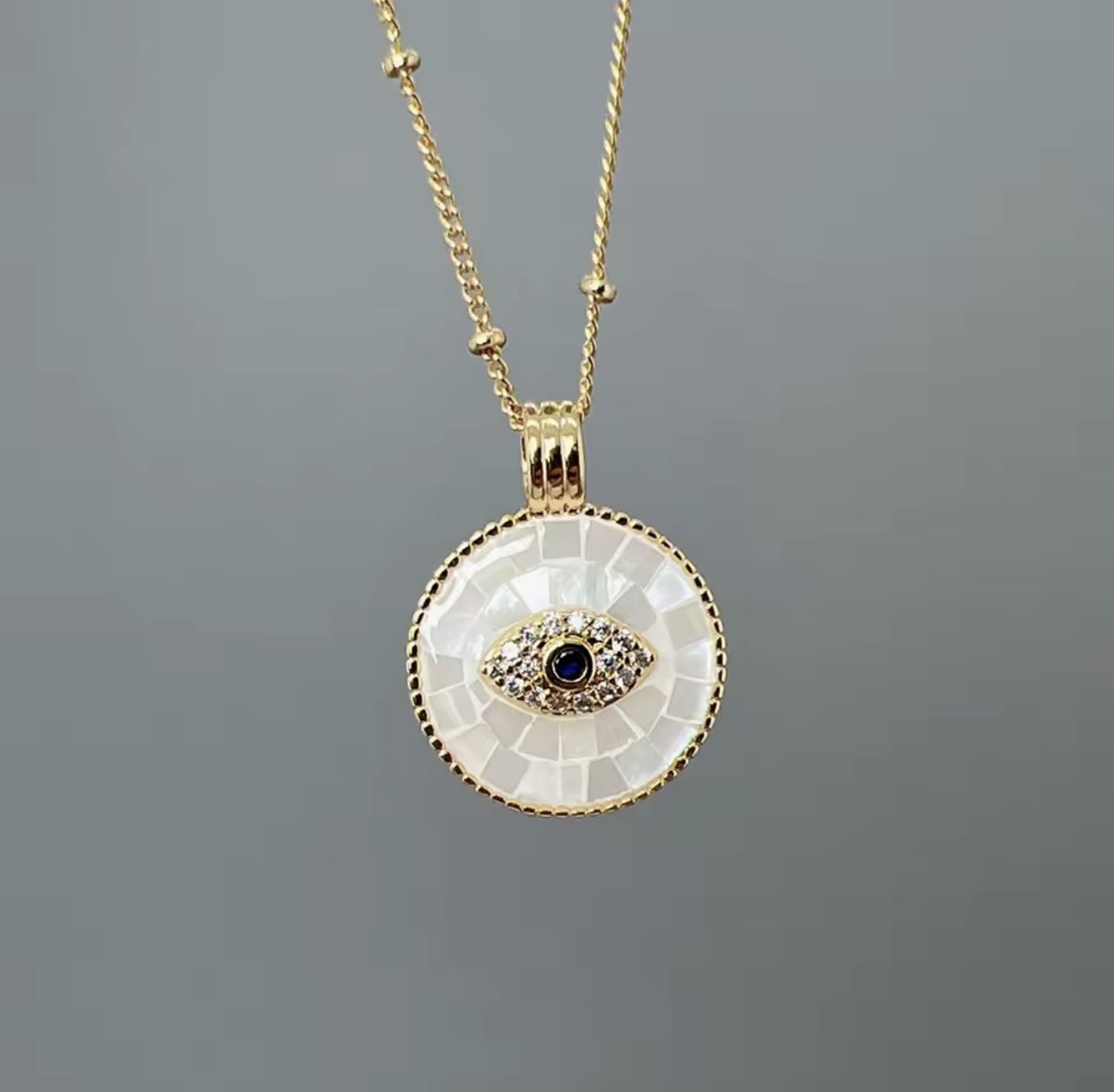 Trendy Round Pink Sea Shell Crystal Zircon Evil Eye Necklace Women PVD 18k Gold Plated Pendant Neck Jewelry