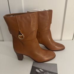 NEW Arezzo Vivian, Size 7, Mid-Block Round Toe Carmel Leather Boots