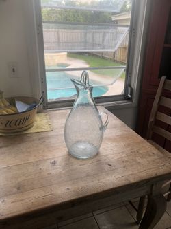 Sangria Pitcher Blown Freehand Crackle Glass Hand Made With Pontil Mark Vintage