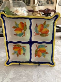 New BAUM BROTHERS "LEMONS ON BLUE COLLECTION" 4 PART RELISH DISH 8 1/2"