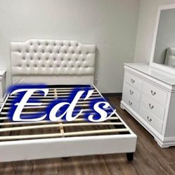 BRAND NEW 4PCS BEDROOM SET QUEEN BED FRAME ONLY, DRESSER AND MIRROR, NIGHTSTAND $849