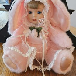 NEW ADORABLE PINK BUNNY PORCELAIN DOLL 