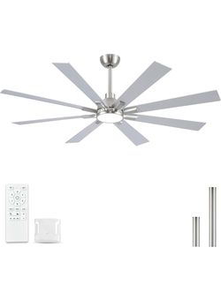 62 Inch Ceiling Fans with Lights and Remote, Nickel Large Ceiling Fan for Bedroom Living Room Indoor/Outdoor, 6 Speed Reversible DC Motor, 3CCT, Downr