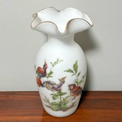 Vintage Mid Century Modern MCM Italian Norleans White Satin Glass Ruffled Rim Vase With Birds
