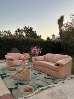 80s 90s Vintage Postmodern blush pink sofa and lounge chair
