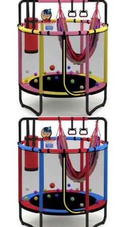 Mini Round Trampoline for Kids with Basketball Hoop, SEGMART 55'' Indoor Outdoor Toddler Trampoline with Enclosure Net, Swing, Sandbag, Ring, Ocean Ba