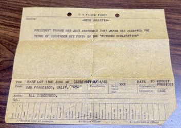 Original Aug 15 1945 WW2 Japan Surrender News Bulletin - U.S. Pacific Fleet Naval Despatch