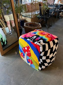 Handmade Vibrant Groovy Trippy Retro LSD Mushroom Rainbow Tufted Ottoman Pouf Cover