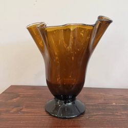 Murano Style Vase Art Glass Vintage Big Handblown Free Form Ruffle Amber Footed