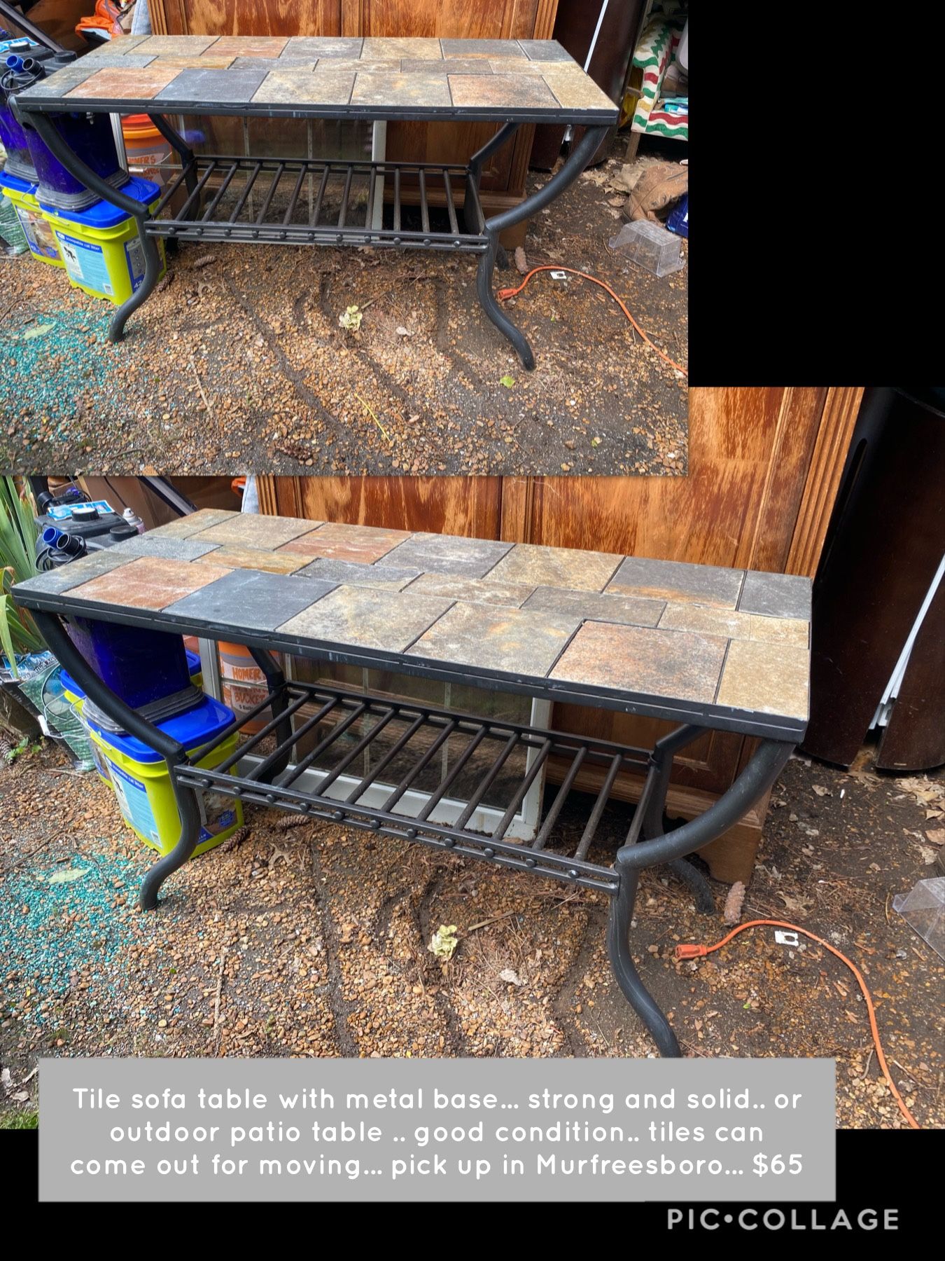 Tile sofa table with metal base... strong and solid.. or outdoor patio table or foyer table ? Many options .. good condition.. tiles can come out for