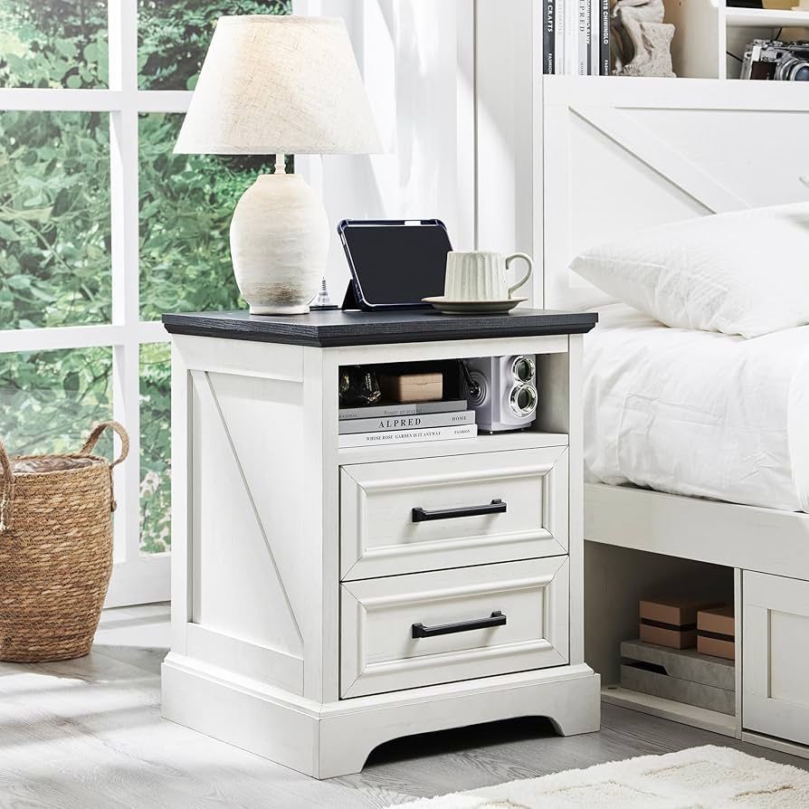 18" Farmhouse Nightstand with Charging Station,End Table with 2 Drawers Storage,Side Table,Bedside Cabinet for Bedroom,Living Room,White Pr