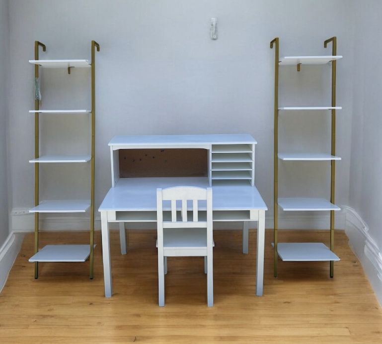 White teenager / student desk w/hutch $65, 2 wooden 5-layer shelf ladder bookcase $55 ea