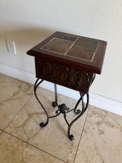 Wood and Wrought Iron Accent Table with Slate Tile Top