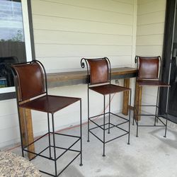 3 Vintage Spanish Leather and Wrought Iron Barstools + Table 