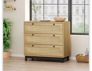 New 3-Drawer Oak Storage Cabinet – Rope Woven / Rattan Style – New in Box