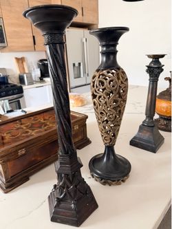 Set of 3 Tall Ornate Decorative Candleholders — 20”, 19”, 16.5” — Black Gold Gothic Style