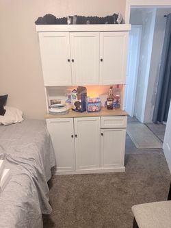 White Wood Storage Cabinet with Open Shelf