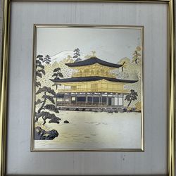 Matching Pair: Japanese Engraved Metal Foil Art Scenes (Village Scene & Kinkaku-ji Temple) – Framed.