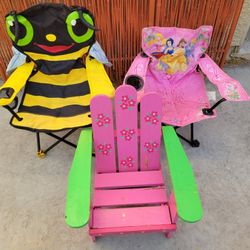 Set Of 3 Kids Chairs - 2 Foldable Camp Chairs & 1 Wooden Adirondack Chair