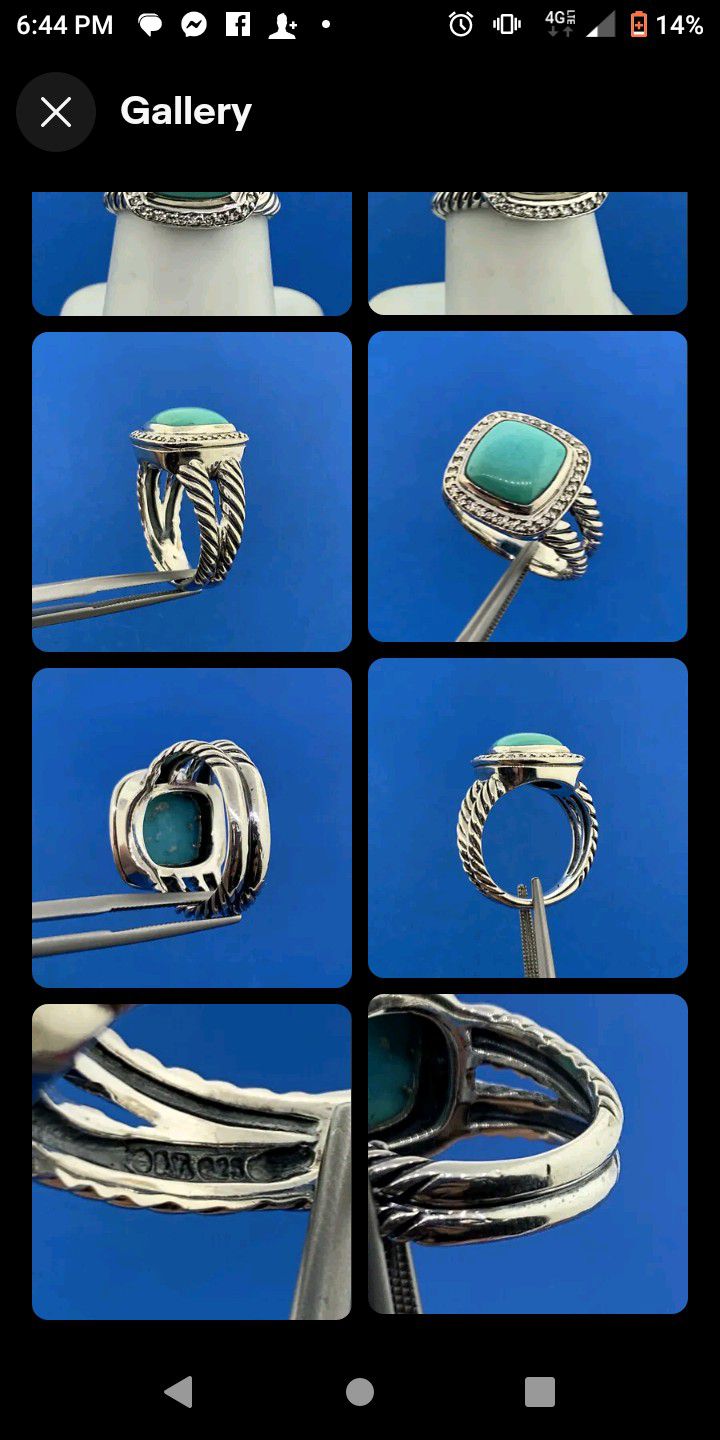 David Yarman 925 Sterling Silver Turquoise Diamond Halo 17 Mm Ring