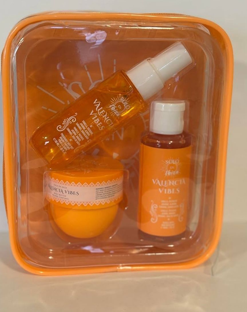 Solo En Ibiza Valencia Vibes Skincare Set includes a body butter, body spray, and a beauty oil.