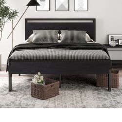 14 Inch Queen Size Metal Platform Bed Frame with Wooden Headboard and Footboard, Mattress Foundation, No Box Spring Needed, Large Under Bed