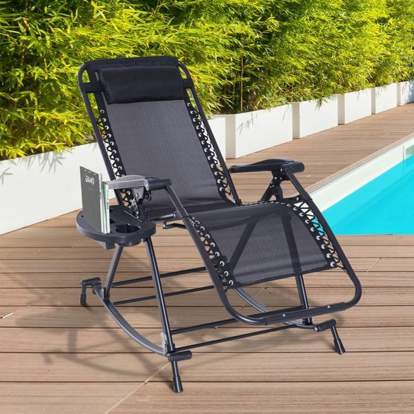 Folding Zero Gravity Rocking Lounge Chair with Cup Holder Tray - Beige