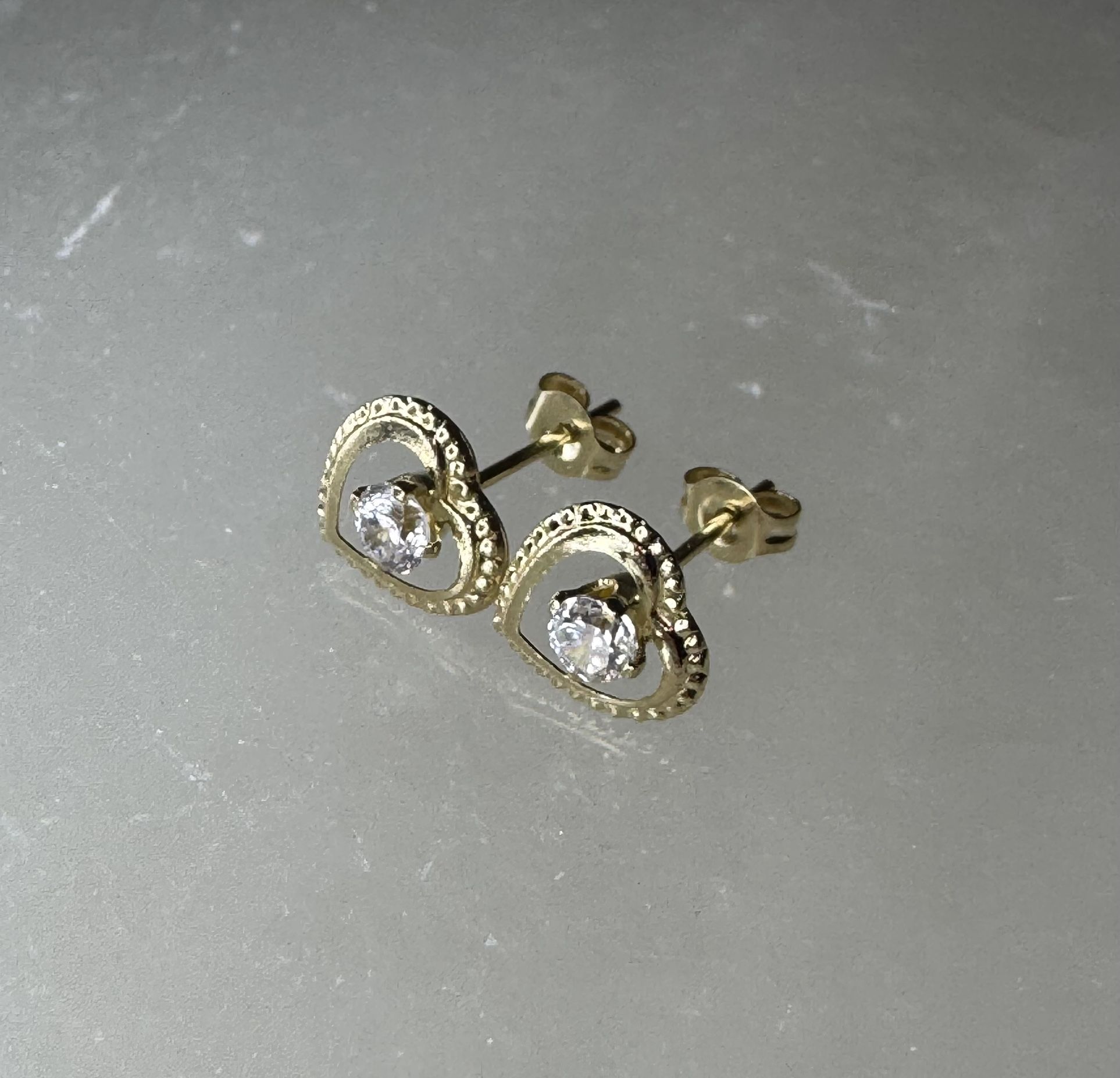 14K Solid Gold Small Open Heart Stud Earrings w/ Clear Crystal Accents