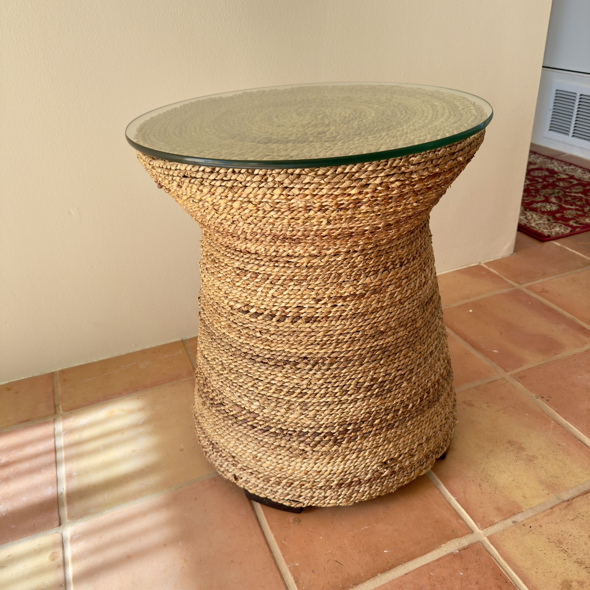 Woven Seagrass Side End Table with Glass Top