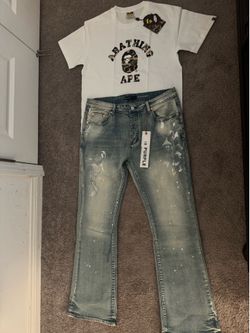 Purple jeans and bape t shirts