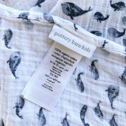 Pottery Barn Kids 100% Organic Cotton Muslin Baby Blanket Whales Aquatic 