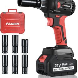 AOBEN Llave de impacto inalámbrica de 21V, par máximo de 400N.m, velocidad de 3000rpm, batería de iones de litio de 4.0Ah, 6 dados, cargador rápido, b