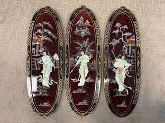 Asian Art Panels Inlaid Mother Of Pearl In Red and Black Lacquer