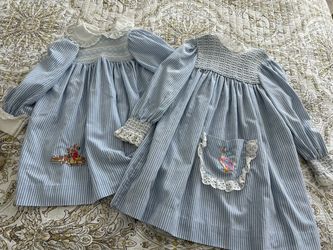 Vintage Girls Smocked Blue Stripe Dresses with Embroidery – Set of 2