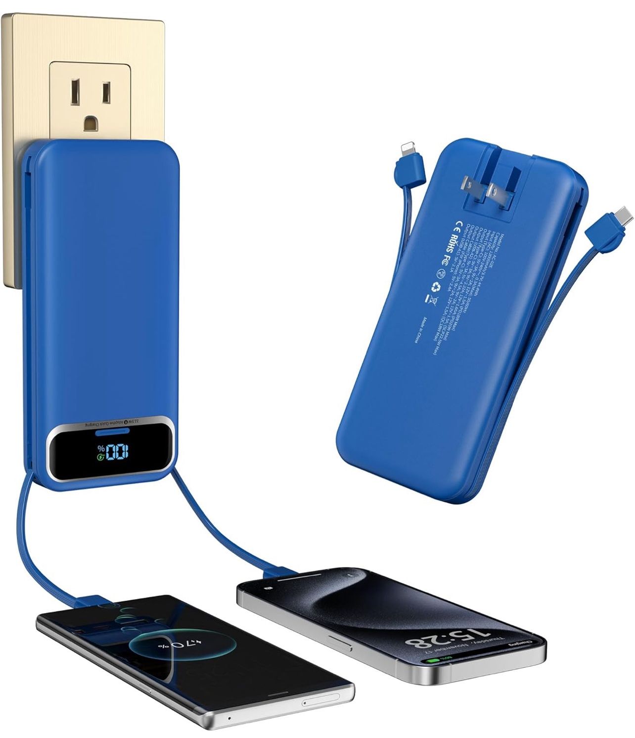 Portable-Charger Power-Bank with Built-in Cables & AC Wall Plug - 12000mAh PD 20W Fast Charging for iPhone,Samsung,Android, USB-C,Rechargeable Externa