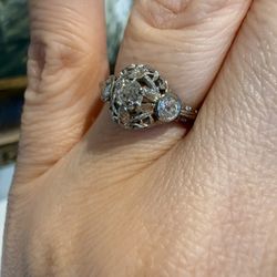 18K White Gold Natural Old Cut Diamonds Art Deco Ring 