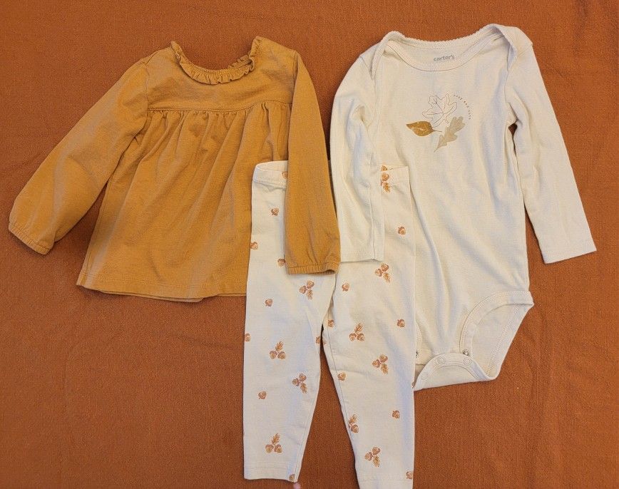 Carter's Cozy and Cute Baby Girl 3 Piece Set - Leaves/Acorn Prints - Size: 18M