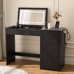 Flip Top Vanity Desk, Large Black Makeup Vanity with Smart LED Mirror, Deep Drawers, 3 Lighting Modes, Charging Station & Hairdryer Rack, 46" W Dressi