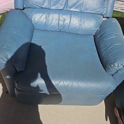Blue Leather Single Sofa With Recliner 
