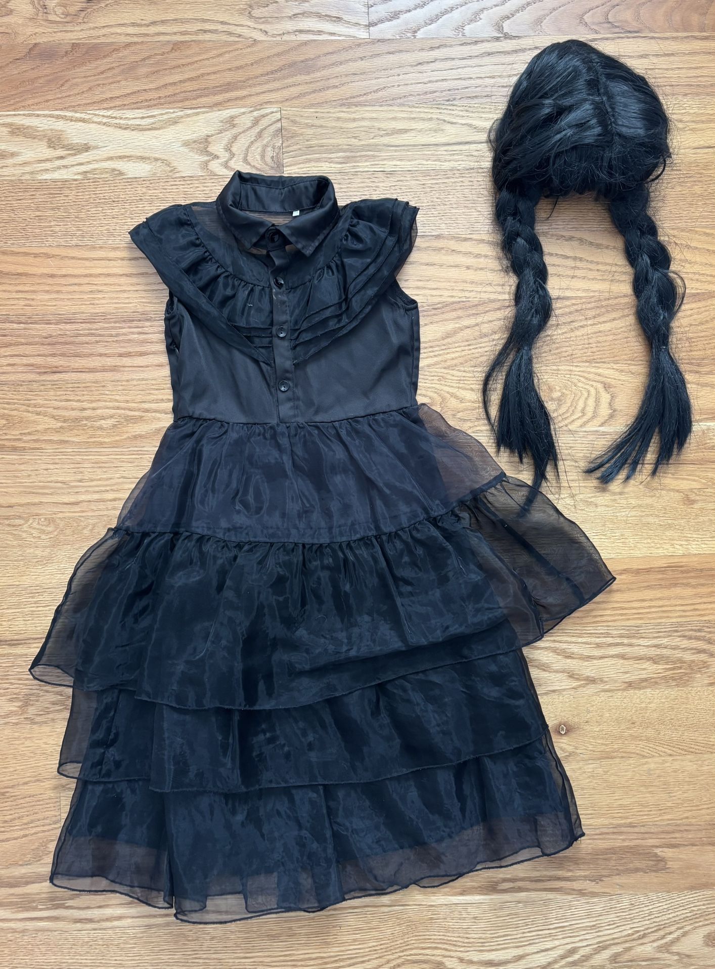 Wednesday Addams Black Organza Taffeta Dress Costume with Belt and Black Wig - 5/6